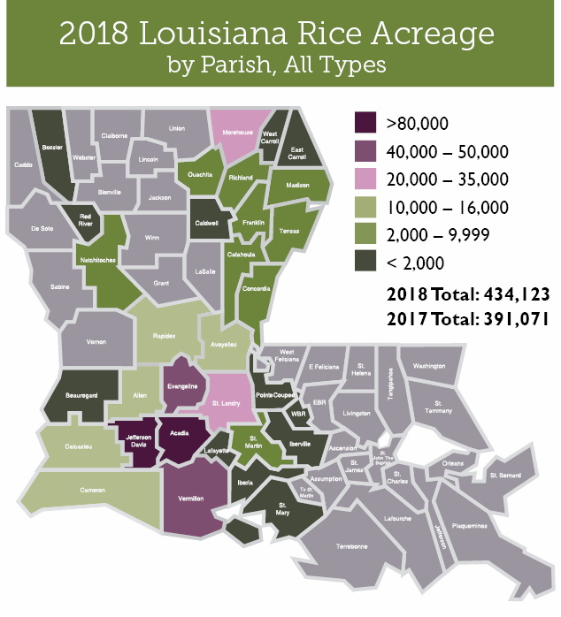 2018 Louisiana Rice Acreage by Parish, All Types